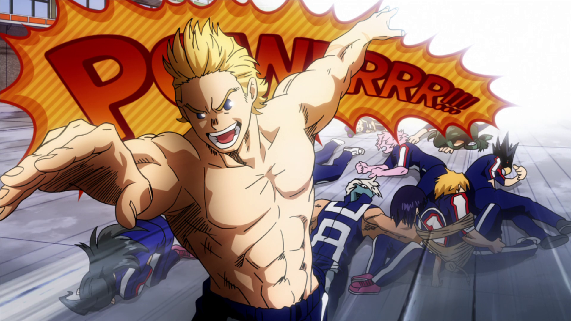 Mirio Togata from My Hero Academia being energetic as ever as he teaches underclassman students how to tap into their full potential. 