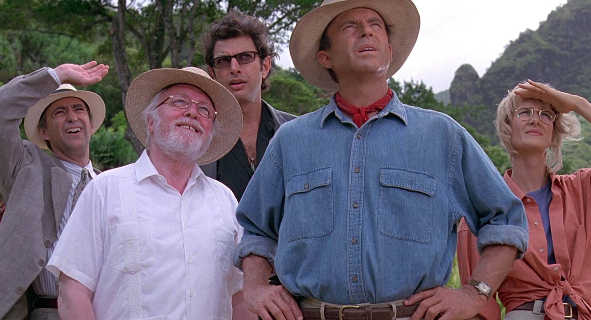 Characters from Jurassic Park the movie. From left to right: Gennaro, Hammond, Dr. Malcom, Dr. Grant, and Sattler.