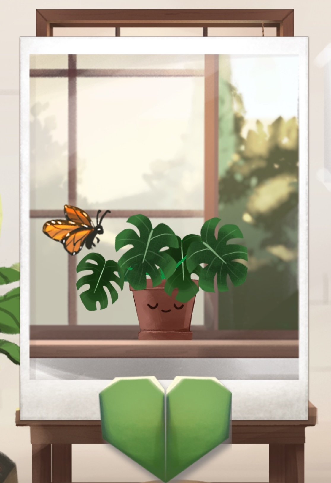 A Polaroid shows a plant sitting by an open window with a butterfly next to it. ("Kinder World." Lumi Interactive. 2021.)