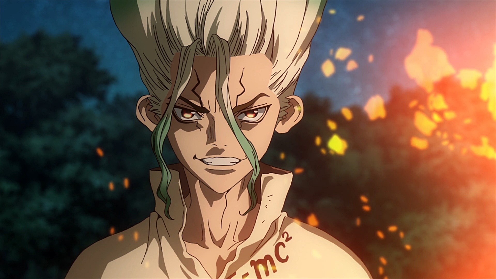 Senku, the protagonist of Dr. Stone, smiling at the camera as sparks fly from a bonfire. 