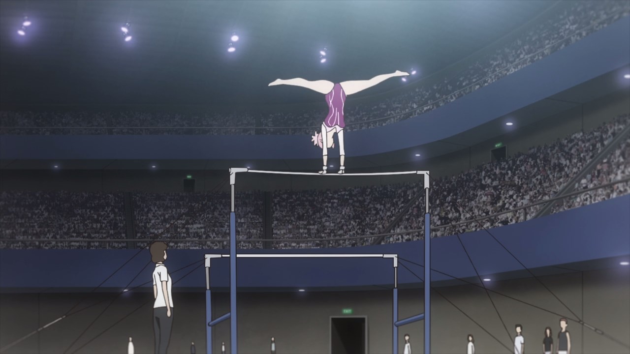 Homura, before the petrification event, performing on the uneven bars before a packed stadium. 