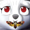 Parody of the Silence of the Lambs movie poster but with a cute cartoon dog and a moth over its mouth.