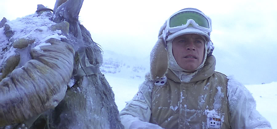 Image of Luke Skywalker riding a tauntaun on Hoth in a blizzard. 