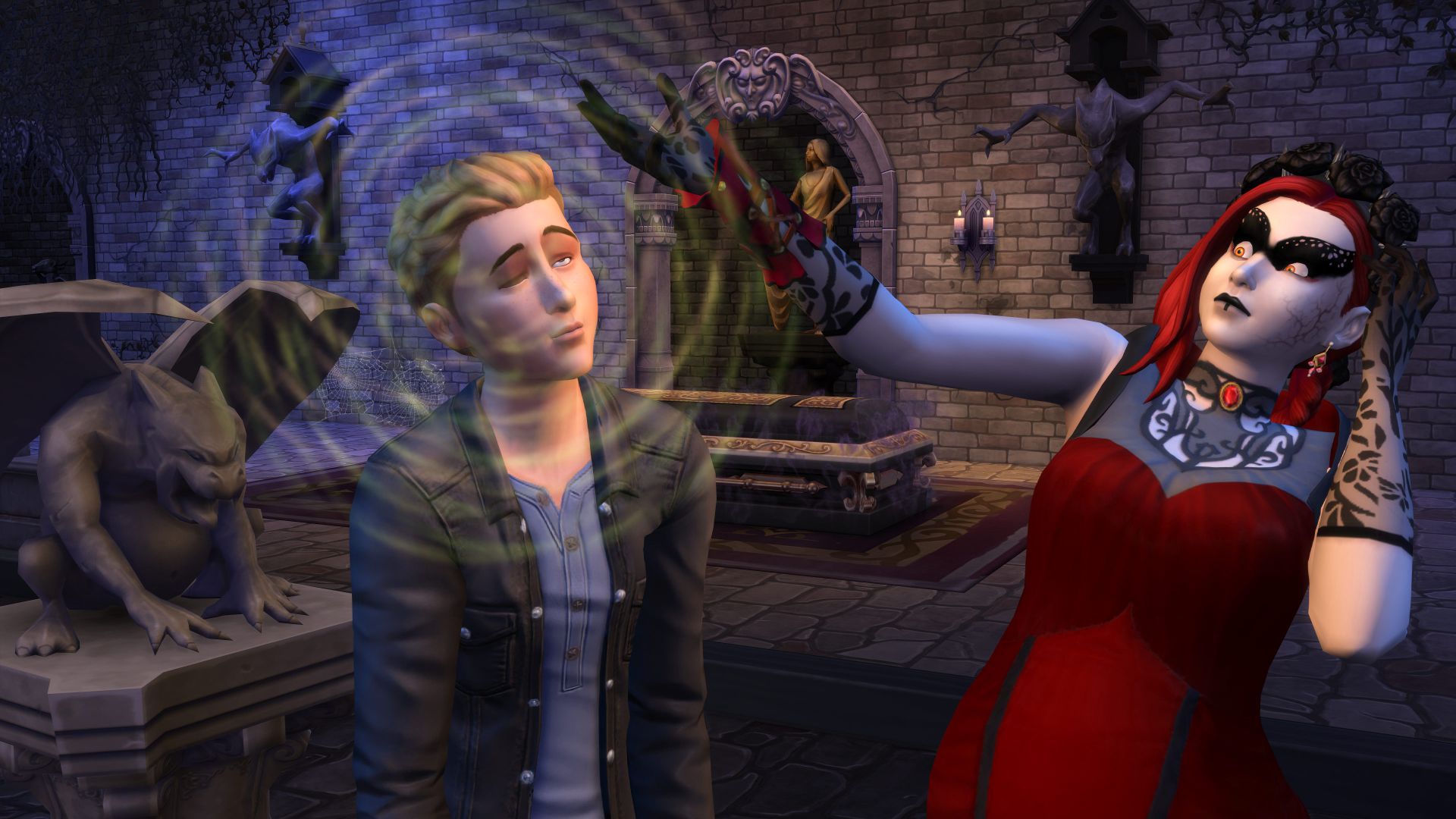 A vampire Sim is using her powers to hypnotize another Sim.