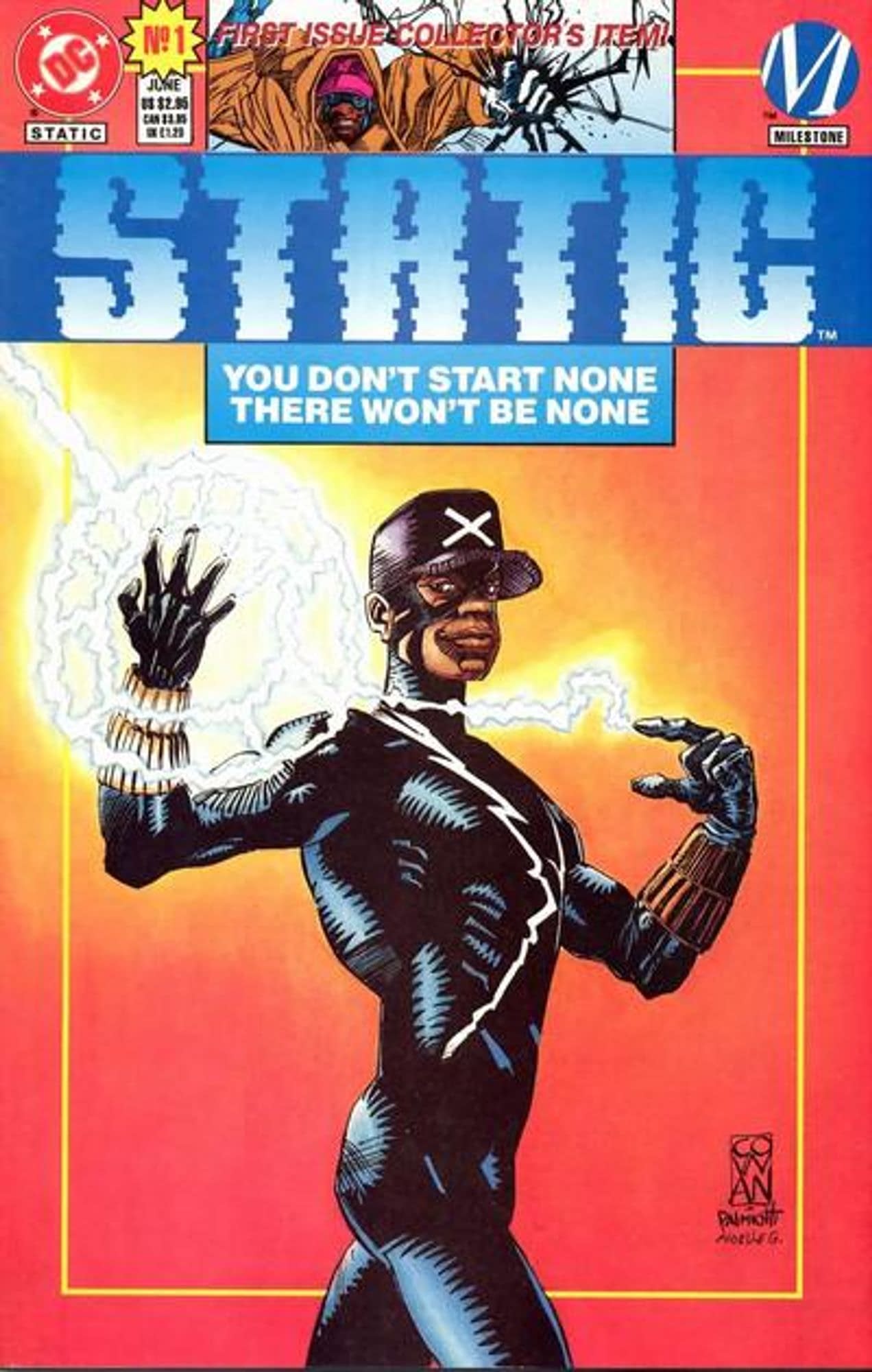 Static poses in his sleek black and blue costume while using his hands to display his electromagnetic powers. He is wearing a black baseball cap with a yellow "X" on it.