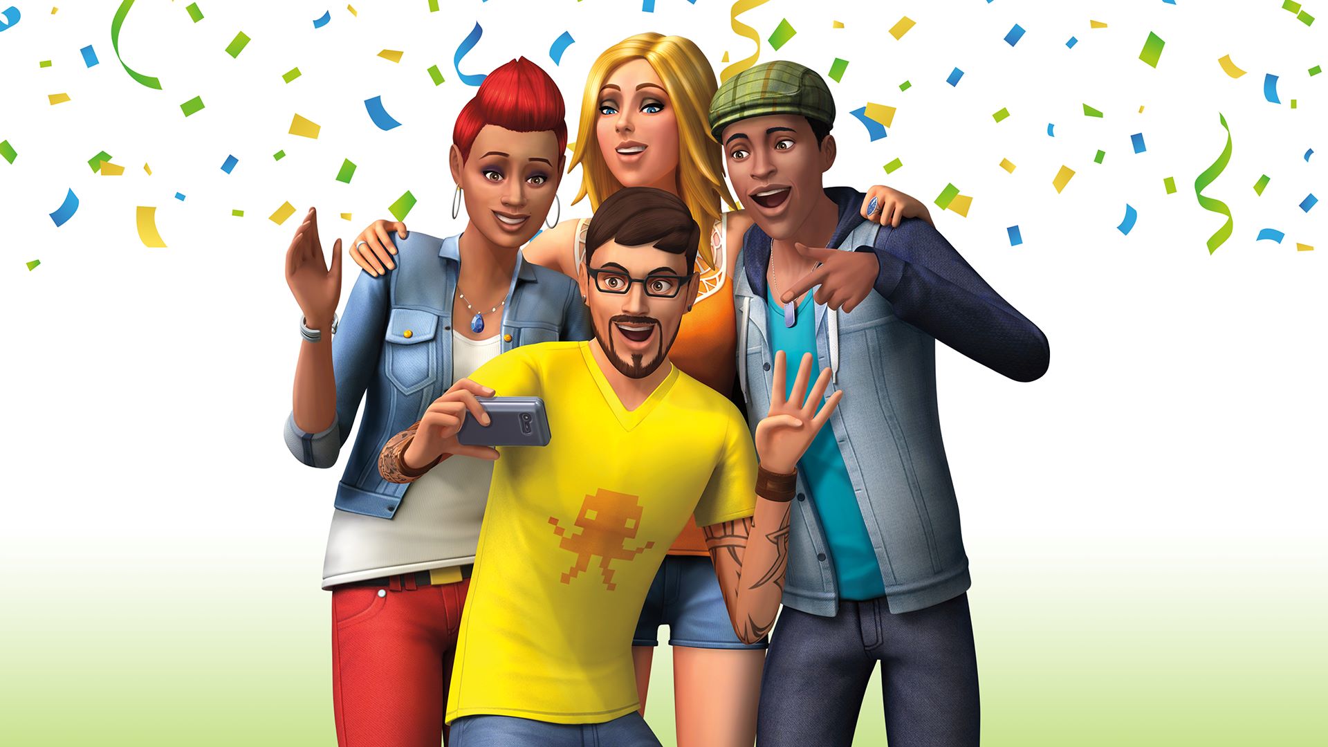 Four Sims are taking a selfie together.