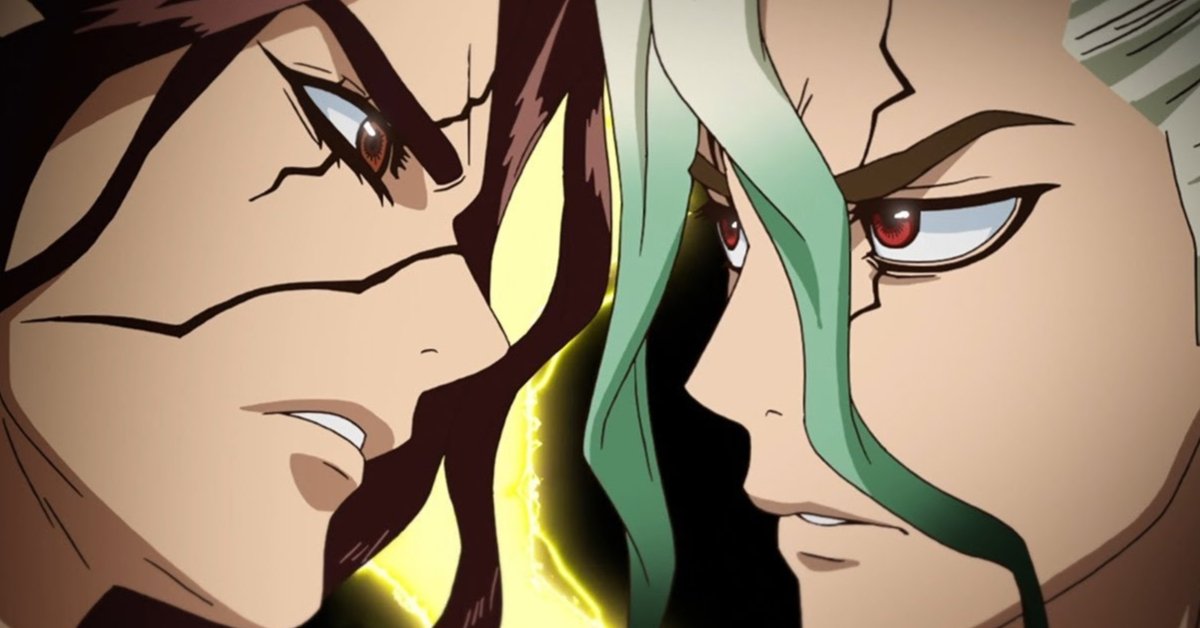 Tsukasa and Senku stare at one another intensely. 