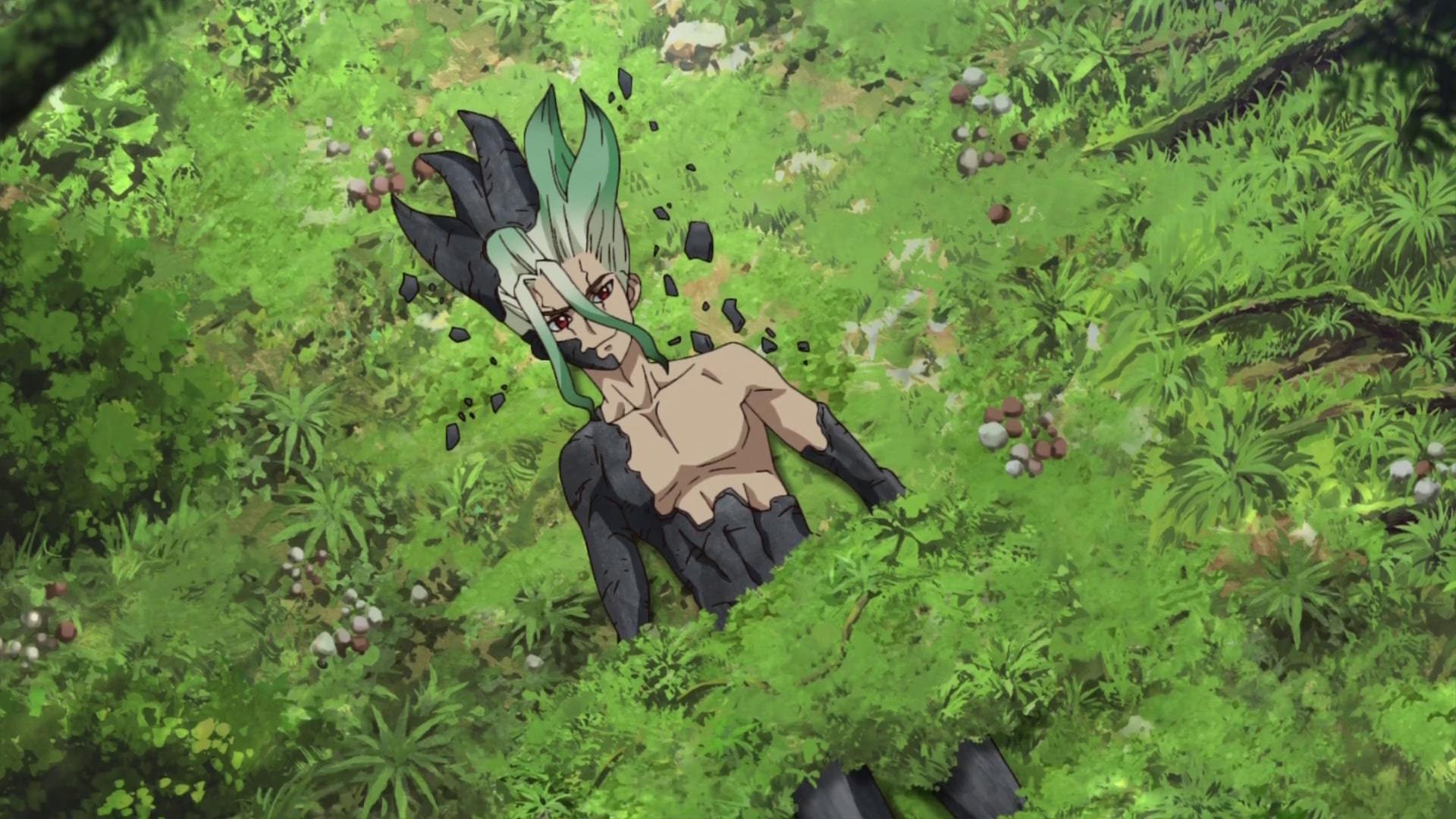 Senku, lying on the jungle floor and newly escaped from his petrification, smiles. 