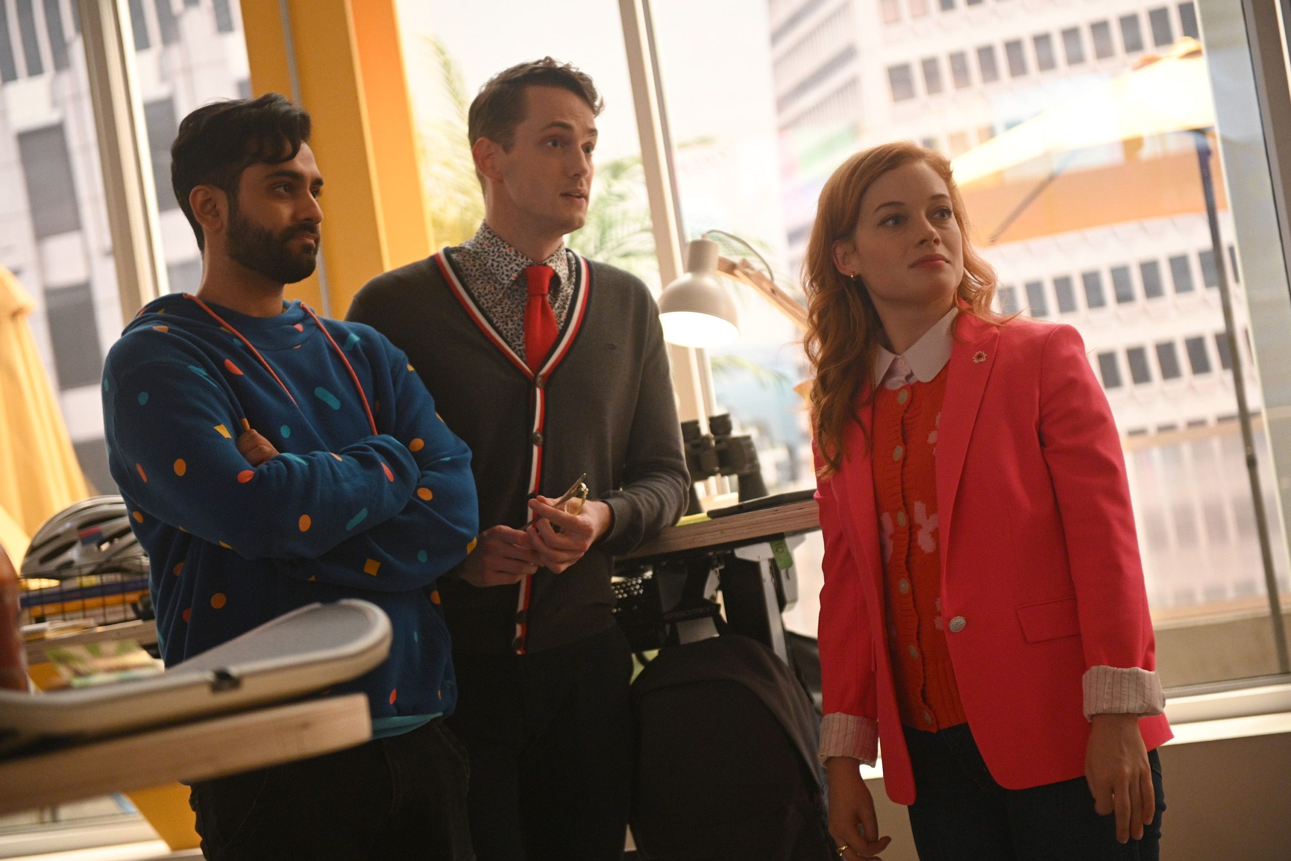 Tobin, Leif, and Zoey at SPRQPoint in a shot from Zoey's Extraordinary Playlist, 2020-present (Photo by Sergei Bachlakov/NBC)