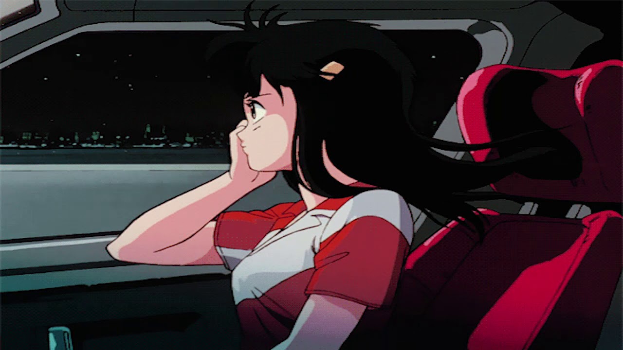 Bubblegum Crisis. Episode 4: "Revenge Road." Toshimichi Suzuki. 1987-1991. (This is a picture of an anime, a girl is staring out a car window at the city.)