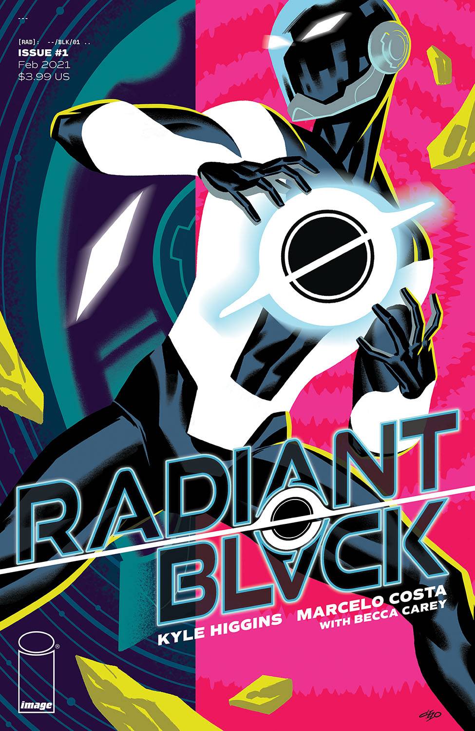 A hero in a black and white full-body suit manipulates a ball of energy between his hands. Radiant Black issue one cover art by Michael Cho.