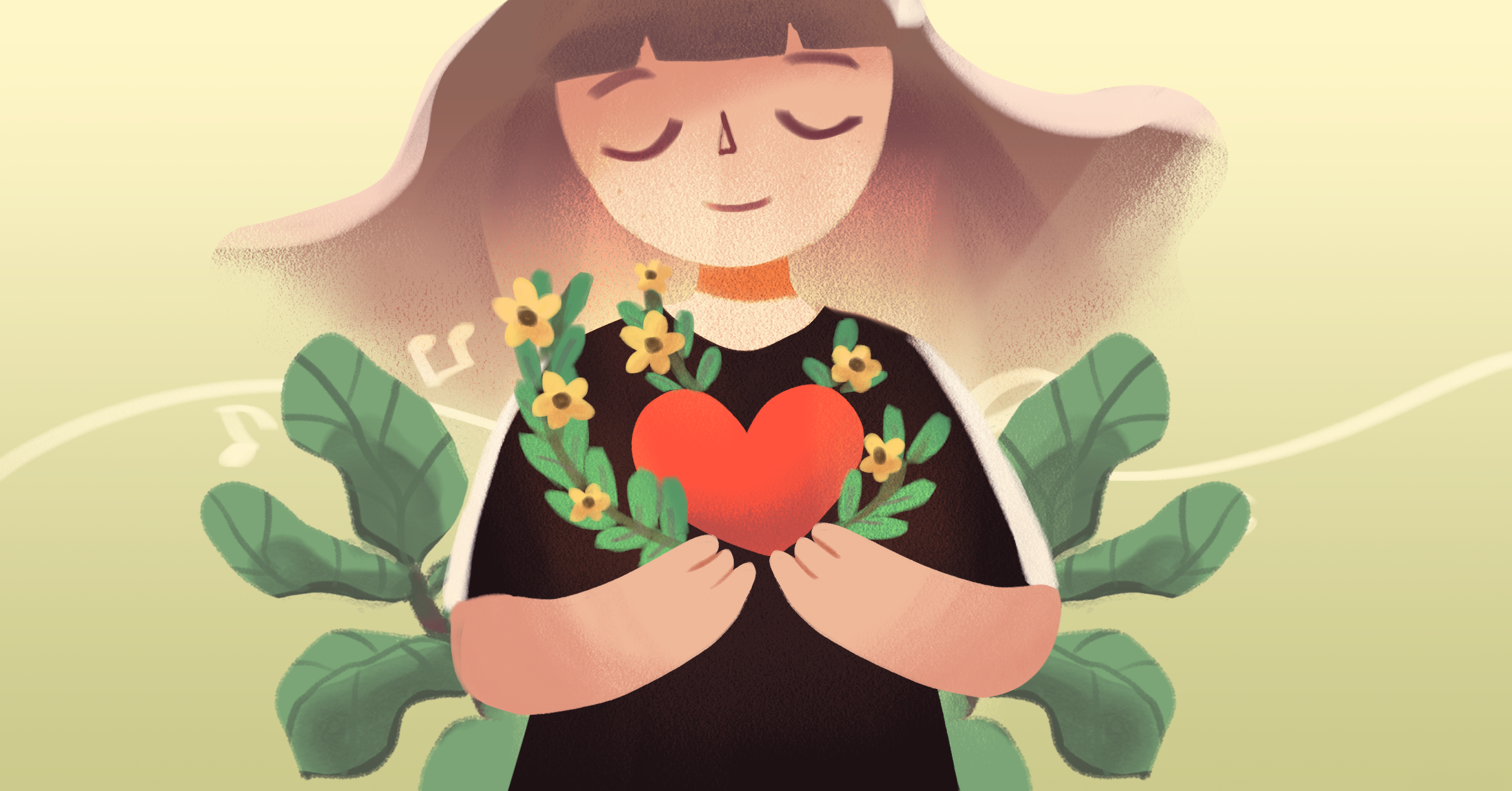 A girl stands in nature with a red heart in both hands and her eyes closed. ("Kinder World." Lumi Interactive. 2021.)