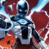 Lightning-like blue energy engulfs the hero. He wears a black, white, and blue full-body suit.