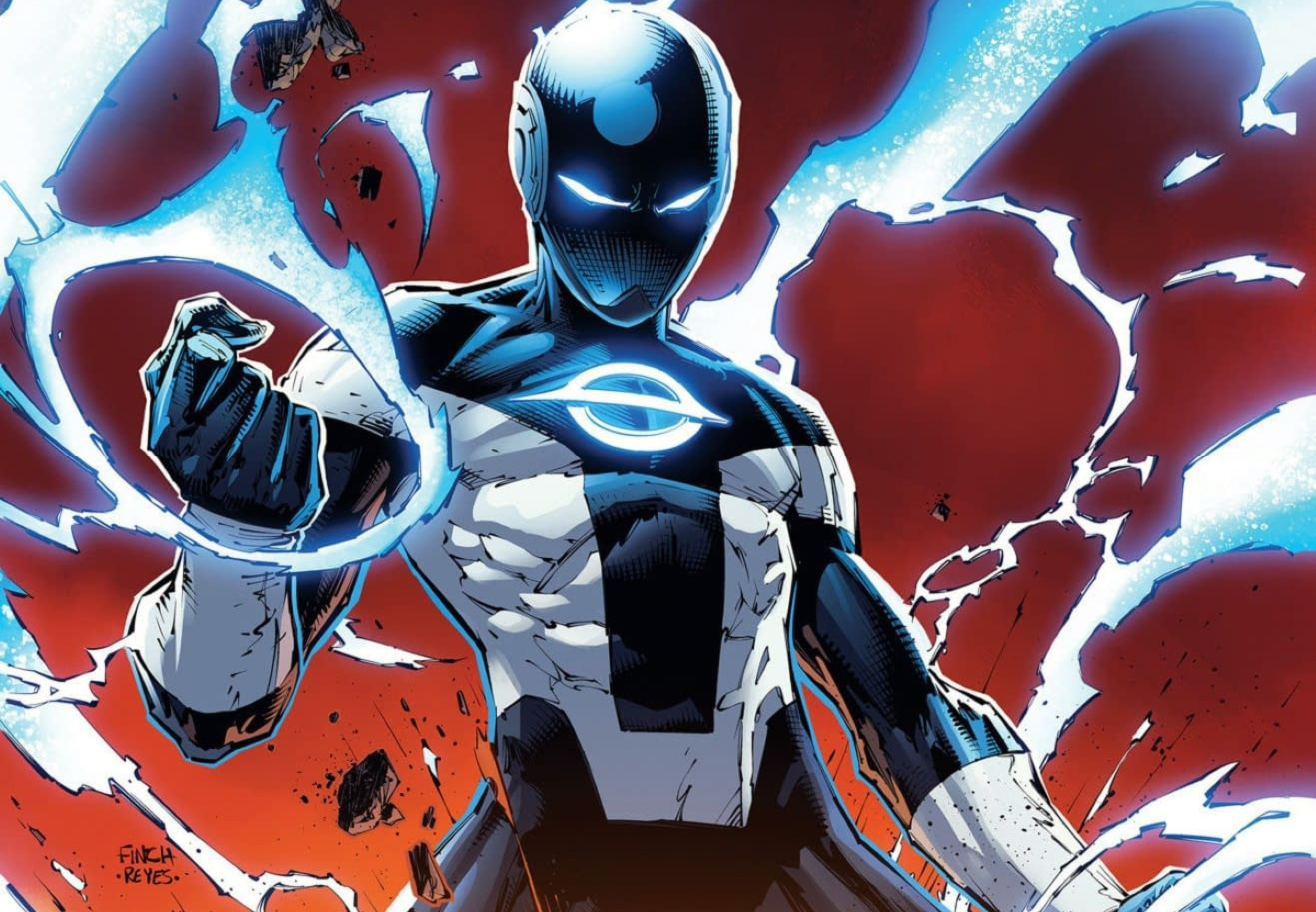 Lightning-like blue energy engulfs the hero. He wears a black, white, and blue full-body suit.