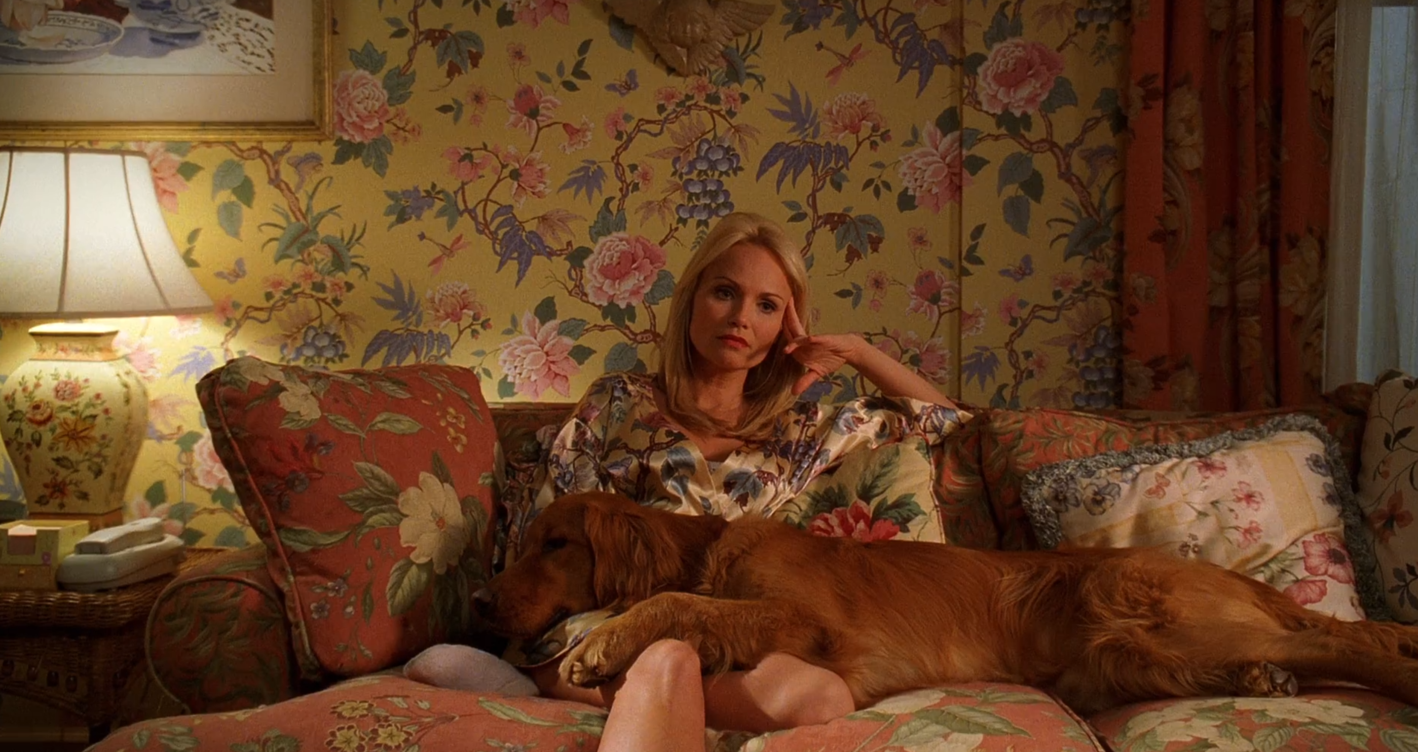 Olive (Kristin Chenowith) and Digby (Orbit and Orion) are pictured in a room with floral wallpaper, sitting on a floral couch. Digby sleeps while Olive appears troubled. 

Pushing Daisies. Season 1, Episode 1: "Pie-Lette." 2007-2009. ABC.