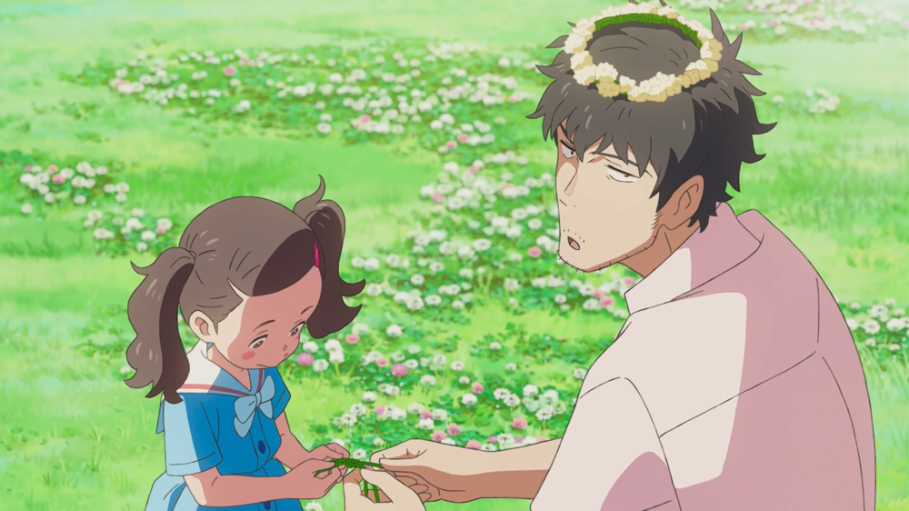 Suga plays outside with his daughter. (Shinkai, Makoto, dir. Weathering with You. 2019.)