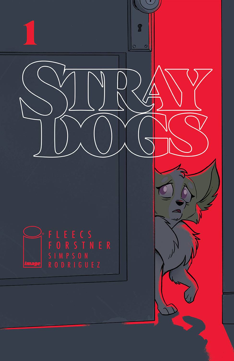 A cute, wide-eyed small dog peeks from behind a door with a look of worry on its face. Cover art for Stray Dogs #1 by Trish Forstner.