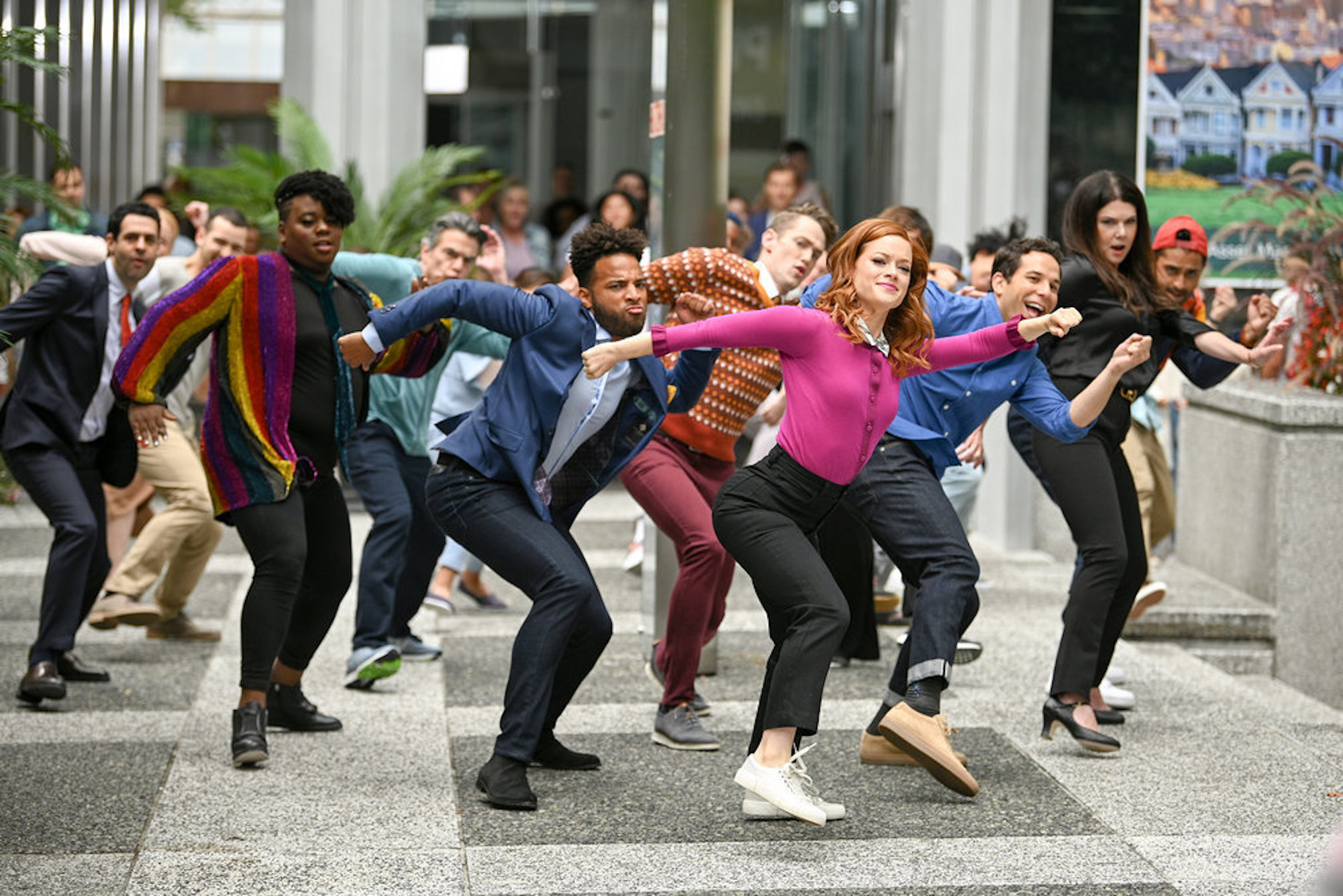 The cast of the show in a big dance number in a shot from Zoey's Extraordinary Playlist, 2020-present (Photo by Sergei Bachlakov/NBC)