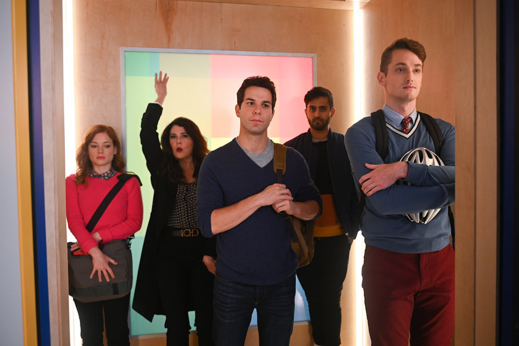 Zoey, Joan, Max, Tobin, and Leif getting off the elevator at SPRQPoint in a shot from Zoey's Extraordinary Playlist, 2020-present (Photo by Sergei Bachlakov/NBC)