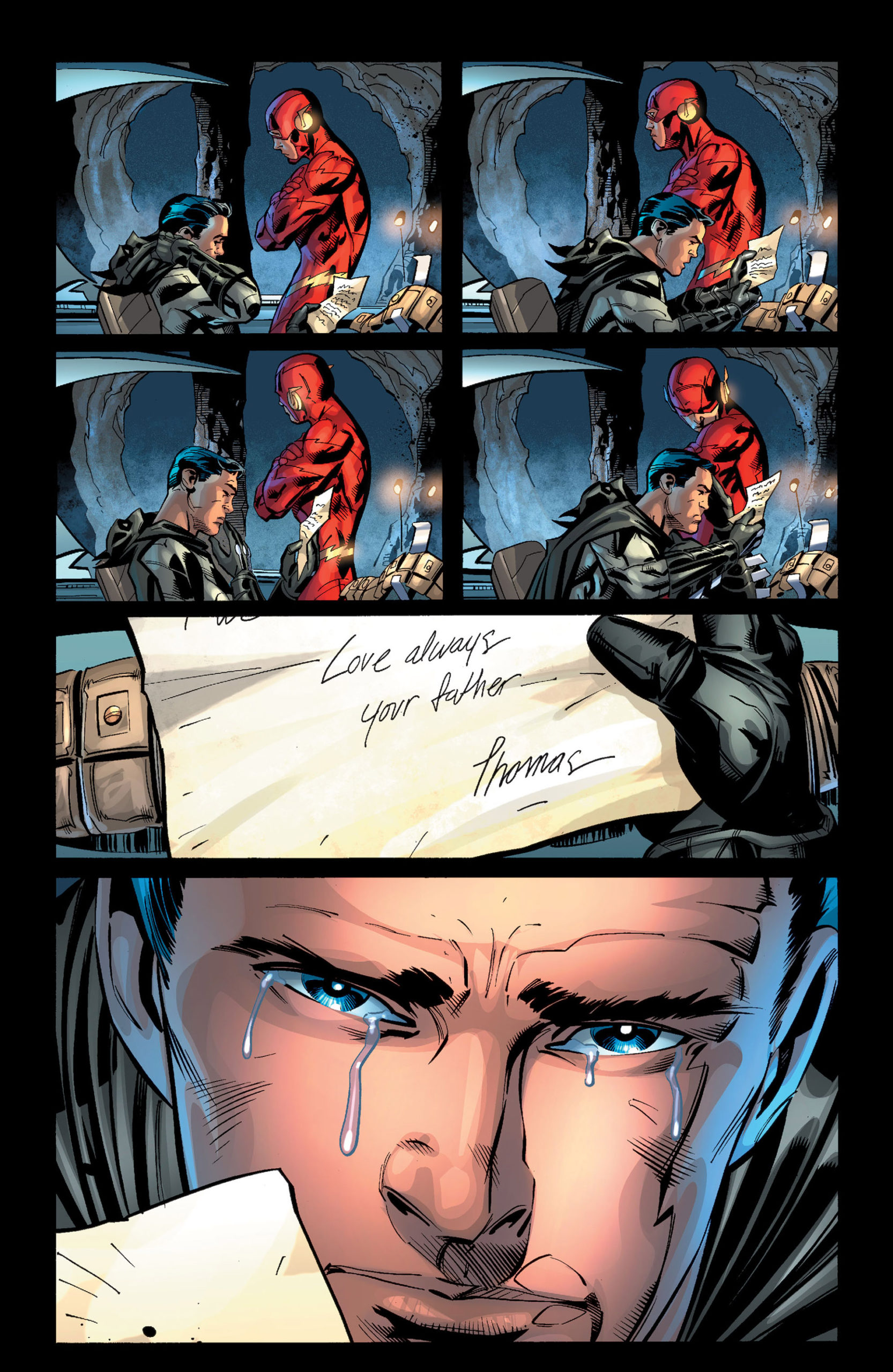 Bruce reads the heartfelt letter from his father in Flashpoint.