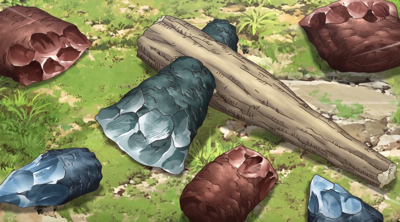 Senku's stone axe heads and blades lying on the ground. 