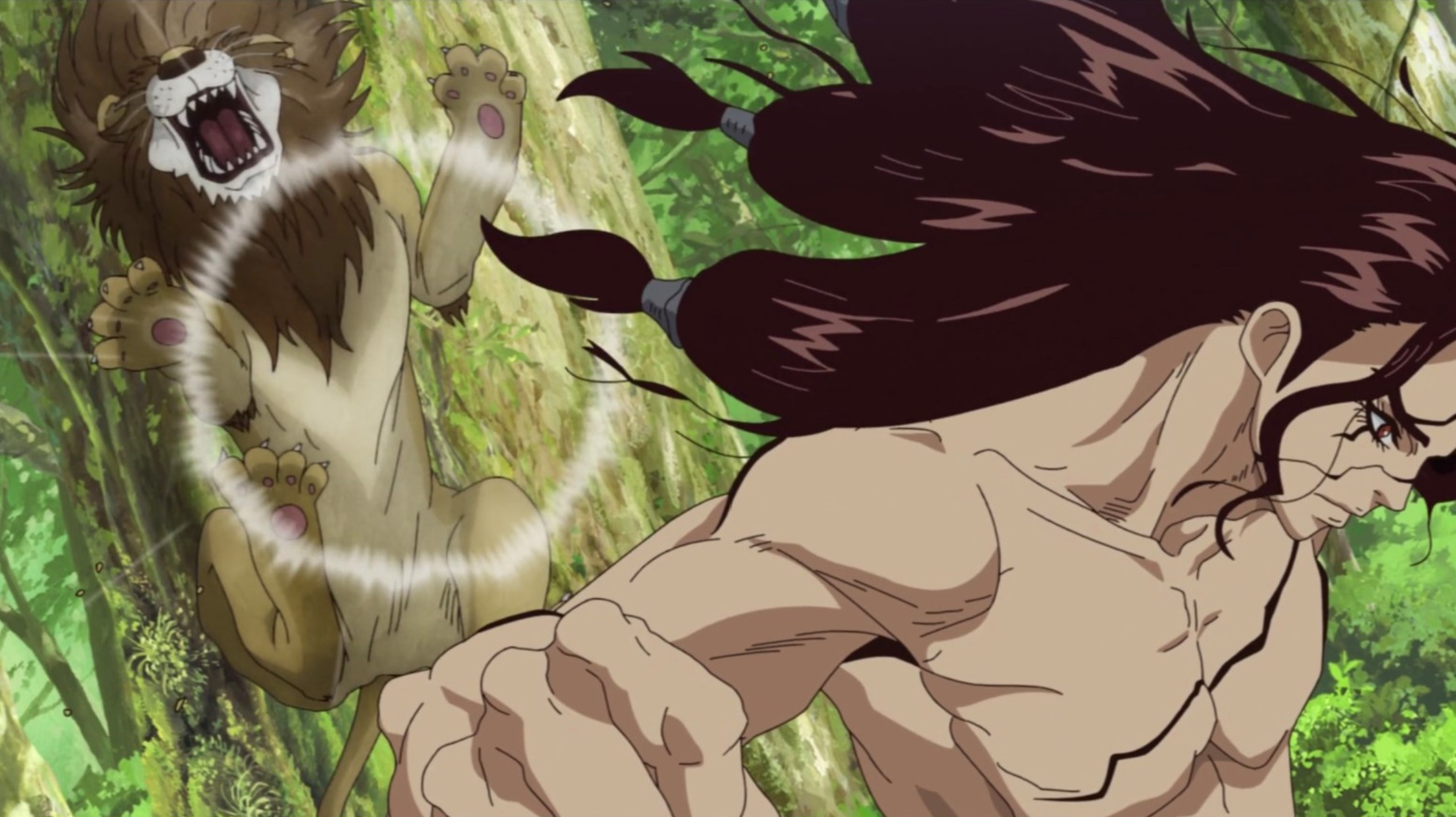 Tsukasa punches a lion, sending it flying. 