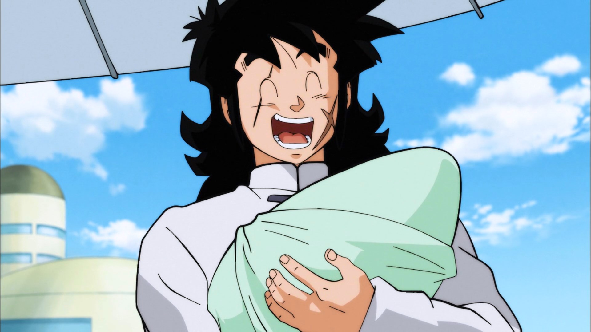 Yamcha from Dragon Ball Super holds Bulma and Vegeta's newborn while giving her a lovable smile. 