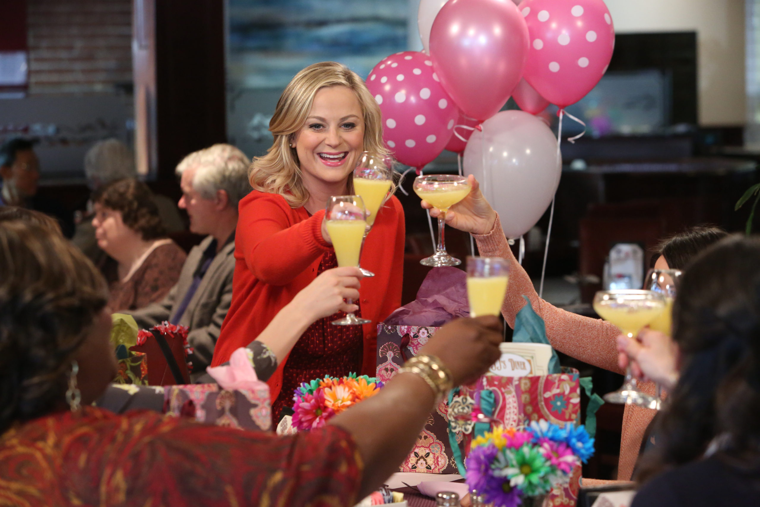 Leslie Knope celebrates Galentine's Day with brunch and mimosas.