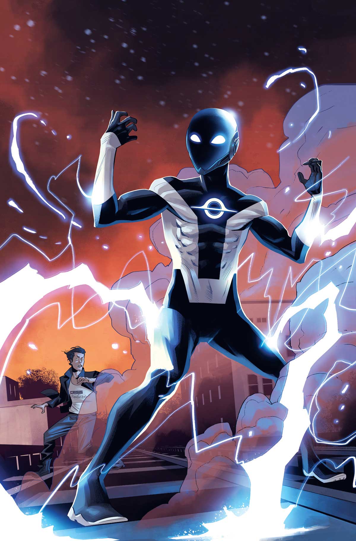 Nathan has transformed into a full-body super suit with bright blue and white energy still emanating from him as his friend looks on in shock.