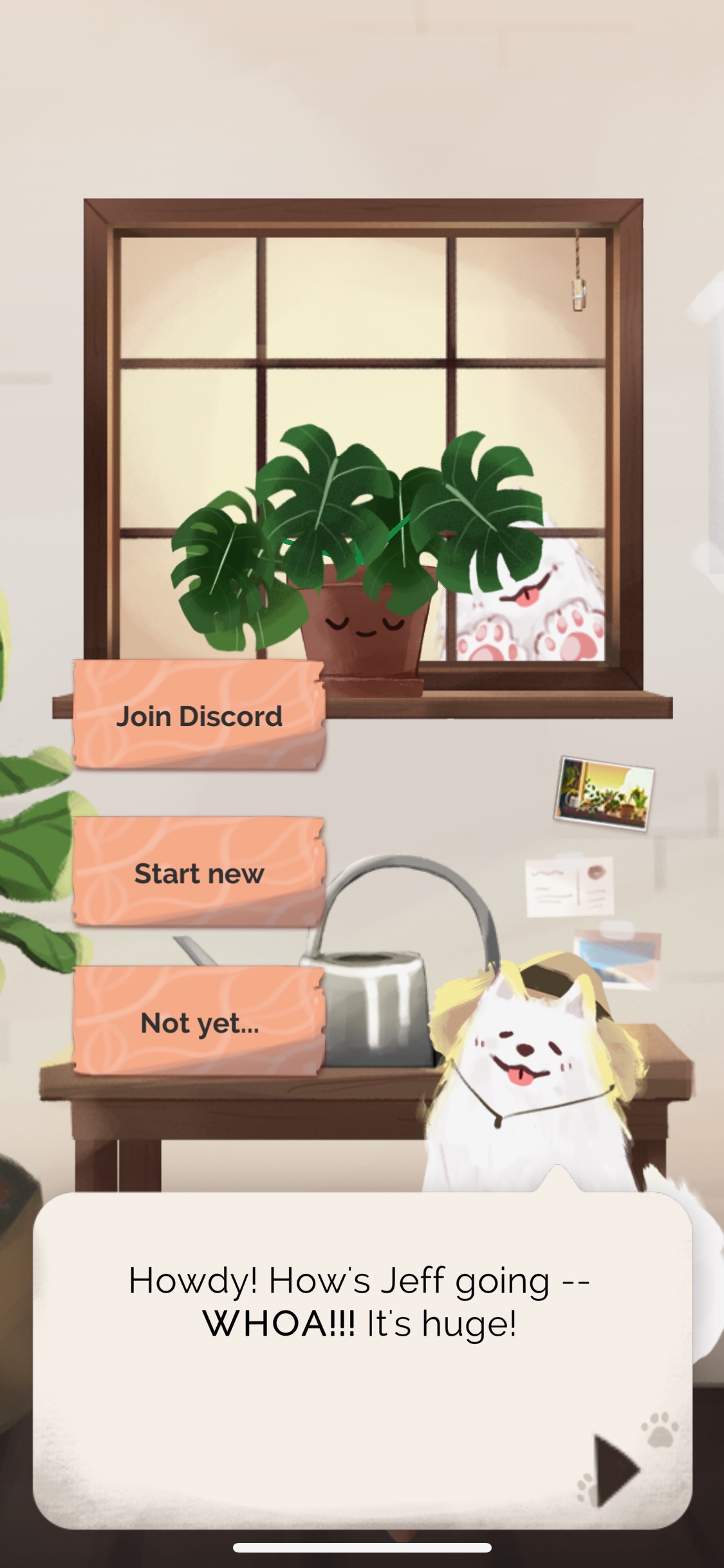 A plant sits by the window with a white dog standing behind it and another dog standing before it. ("Kinder World." Lumi Interactive. 2021.)