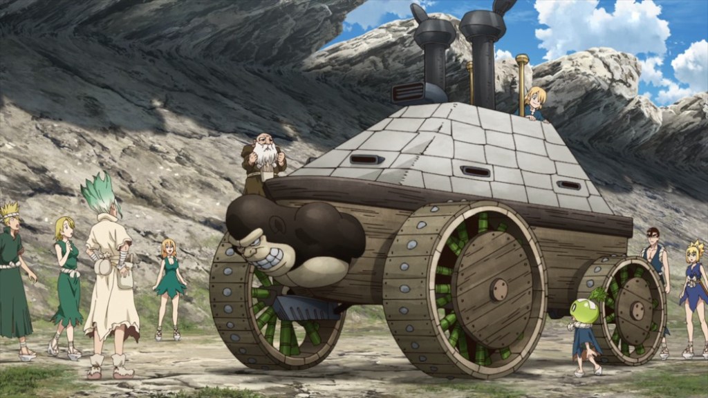 Senku and other members of the Kingdom of Science standing around the Steam Gorilla, their steam-powered tank. 