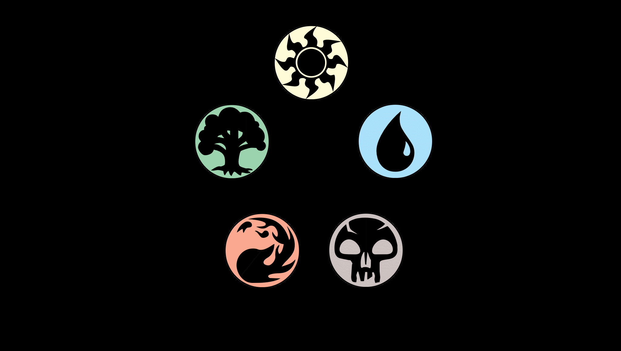 The symbols for the five colors of Magic: the Gathering. 