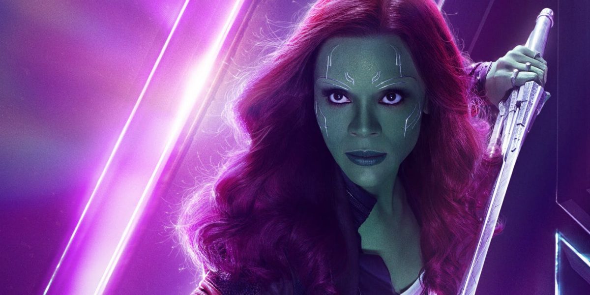 Gamora holds a weapon, ready to strike in the movie Avengers: Infinity War (2018). 
Joe, Russo and Anthony Russo, dir. Avengers: Infinity War. 2018.