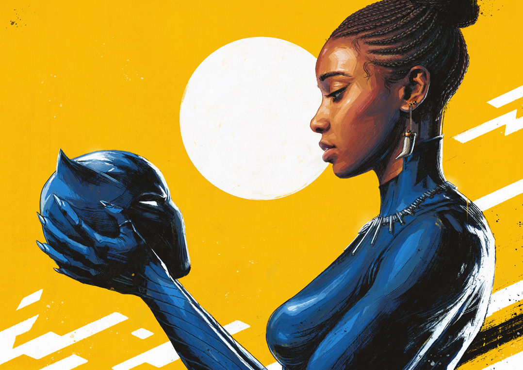 Shuri holds the Black Panther mask in Sam Spratt’s portrayal as the Black Panther in "SHURI #2 (2018)".