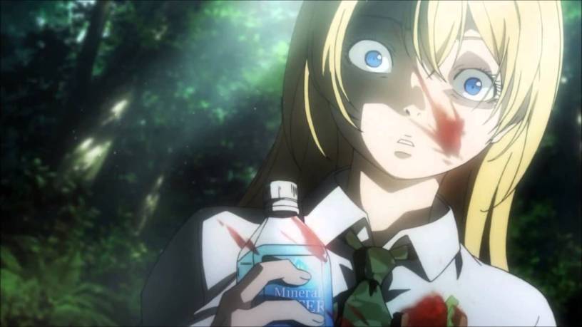 Himiko holding a bottle water and blood on her face and clothes with a tramatized look on her face. 