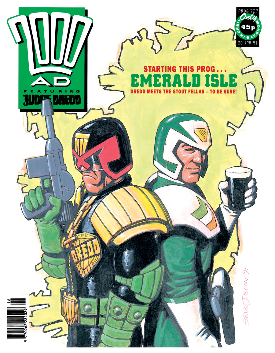 Judge Joyce, wearing his green uniform, stands back to back with Judge Dredd. Joyce holds up a pint of beer while Dredd brandishes a large gun.