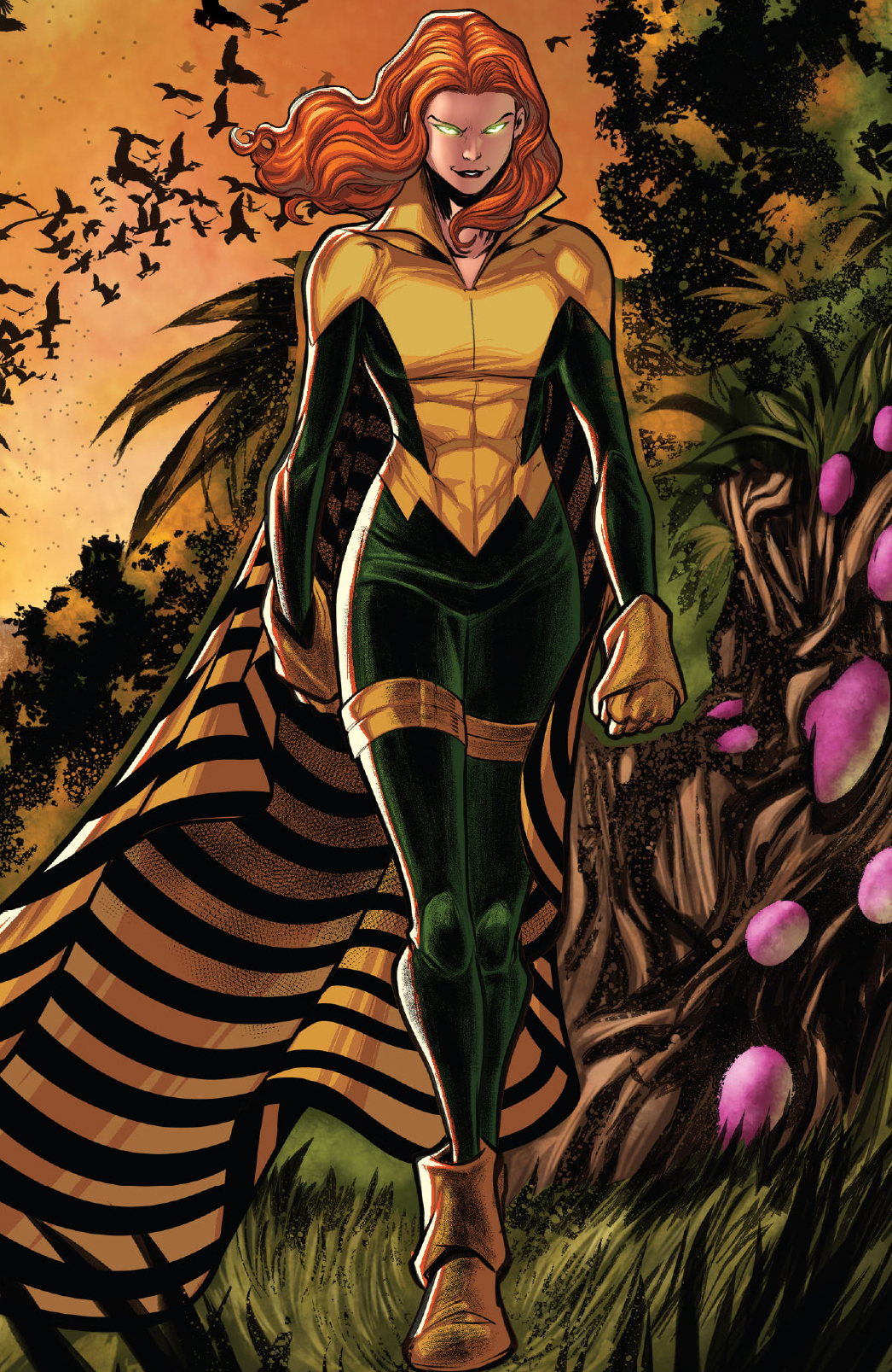 Theresa Cassidy approaches as Banshee. She is wearing the classic green and yellow costume complete with a black and yellow striped cape. Her eyes glow emerald. 