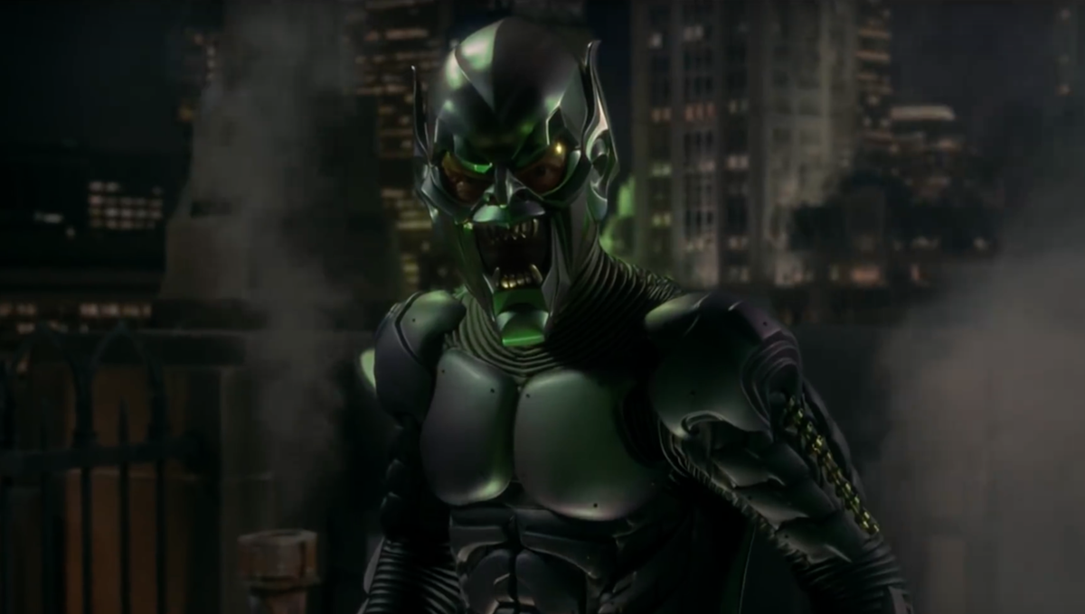 Raimi, Sam, dir. Spider-Man. 2002. The Green Goblin scowls at Spider-Man.