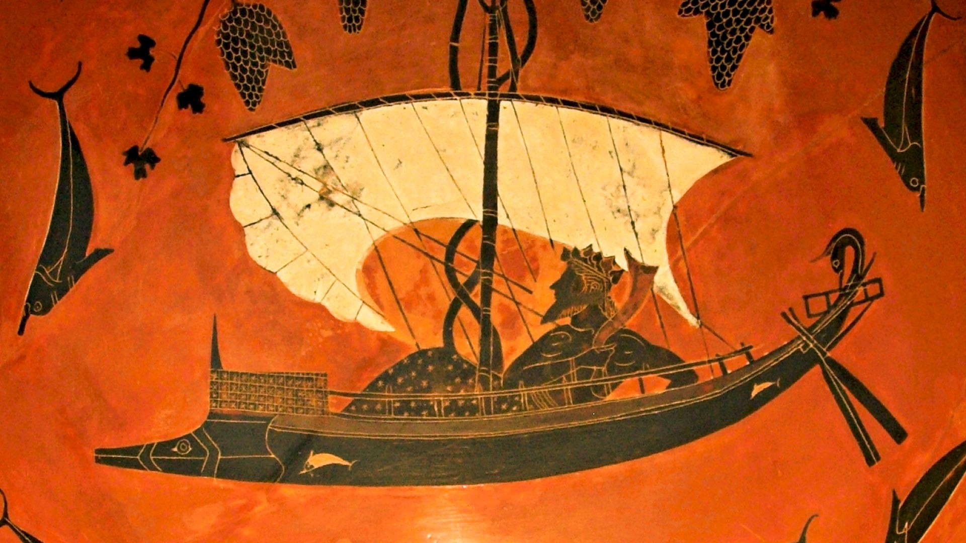 Ancient Greek black figure painting of Dionysus sailing between dolphins.