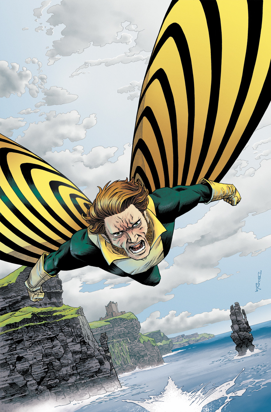 Sean Cassidy soars through the air screaming. He is wearing the classic yellow and green Banshee costume complete with yellow and black striped cape wings. 