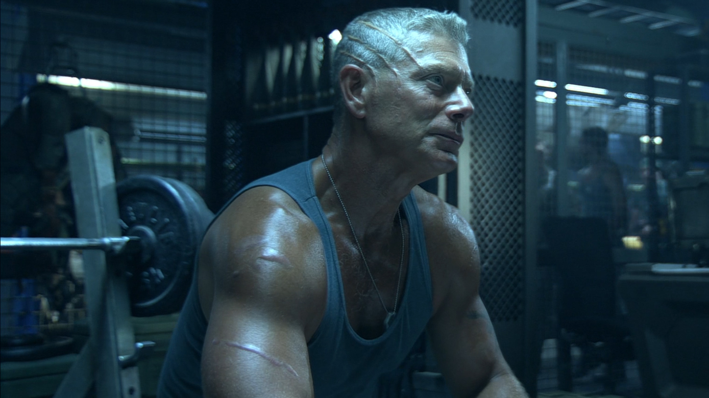 Colonel Miles Quaritch (portrayed brilliantly by Stephen Lang) pumps some iron on the Pandora military base in James Cameron's adventurous sci-fi 'Avatar,' 2009.