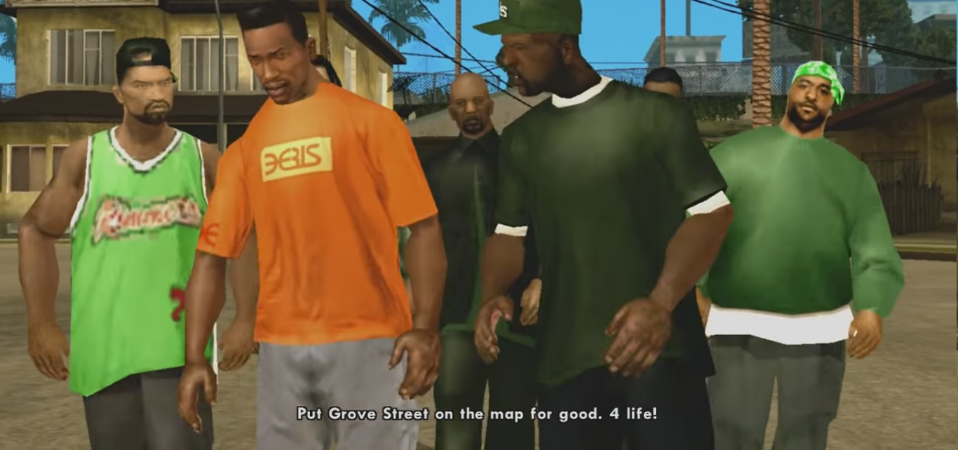 Sweet (right) and CJ (left) walk in front of other Grove Street Families members.