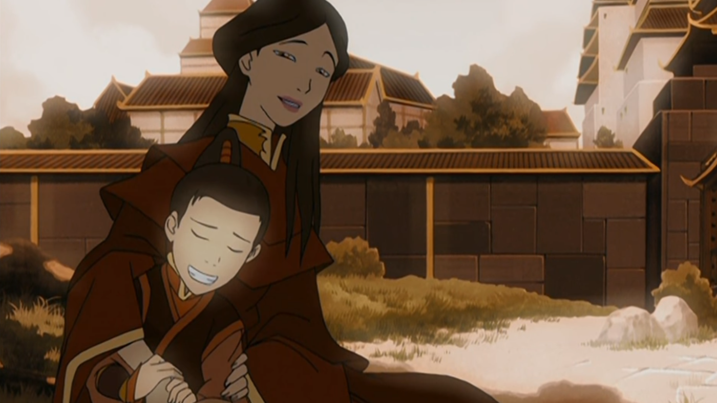 Ursa hugs a young Zuko by the palace pond.