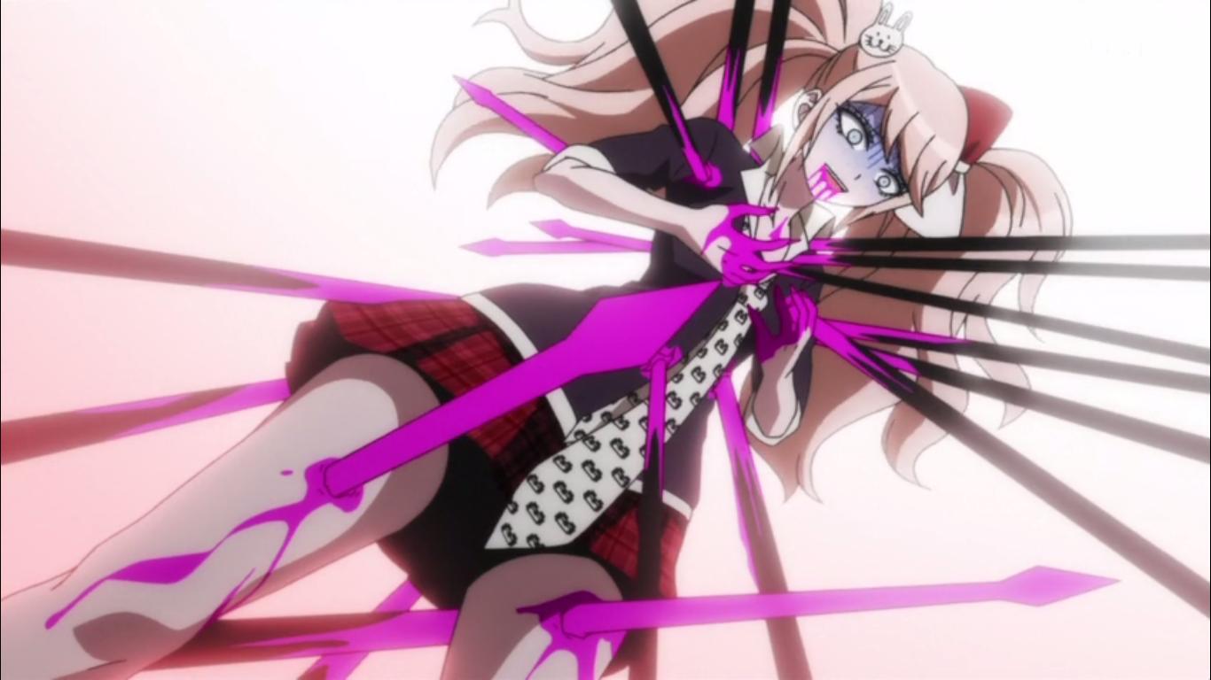 Junko has several spears piercing her body as she has a look of terror on her face and her blood on her hands. 