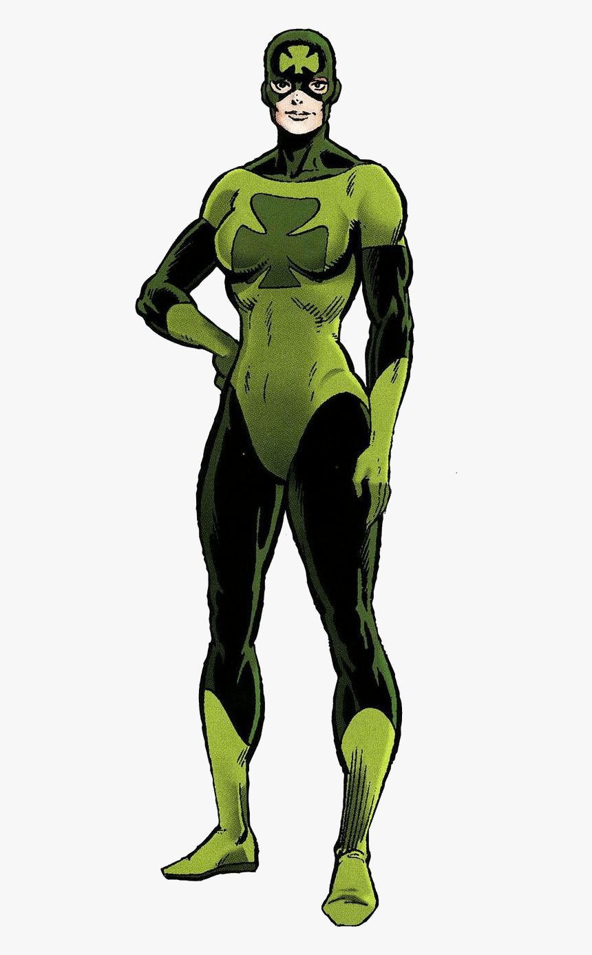 Molly Fitzgerald poses in her traditional green body suit superhero costume. It even covers most of her head. The costume has two shamrock emblems on it. 