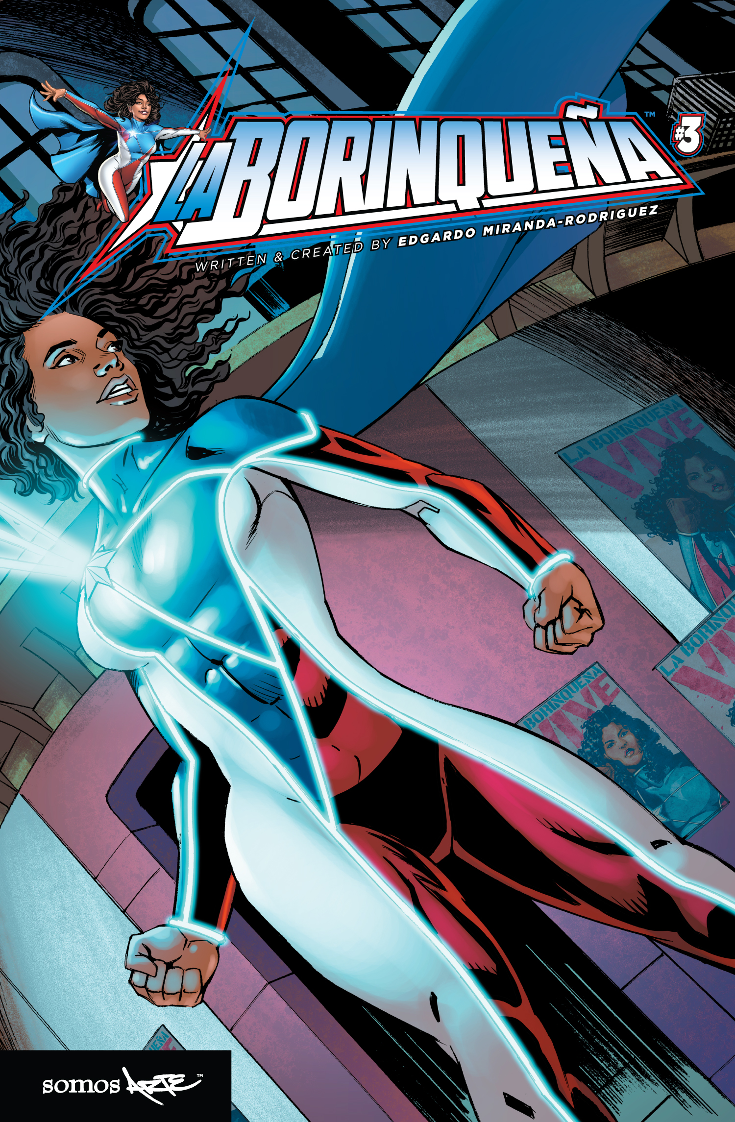 Cover of La Boriqueña issue #3; La Boriqueña glowing with blue energy 