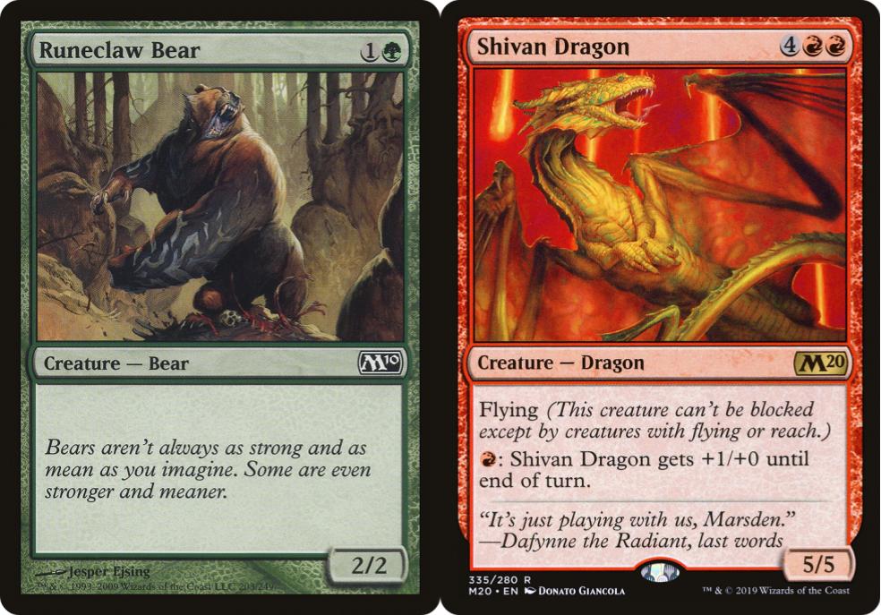 The Magic: the Gathering cards Runeclaw Bear and Shivan Dragon. 