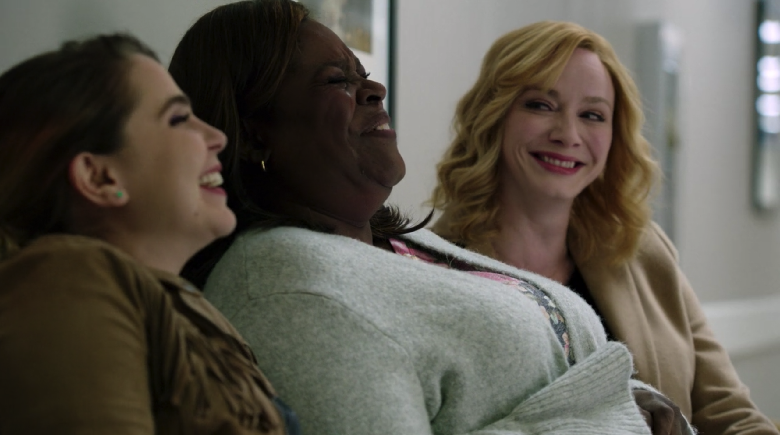 Annie, Ruby, and Beth waiting for Ruby's daughter to be done with the doctor at the hospital in Good Girls.