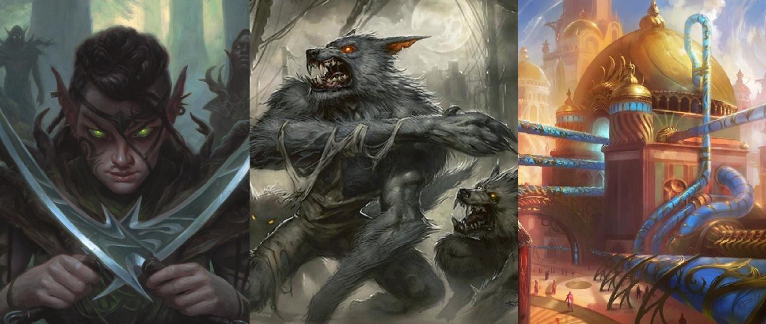 An elf from Dominaria, a werewolf from Innistrad, and a building from Kaladesh.