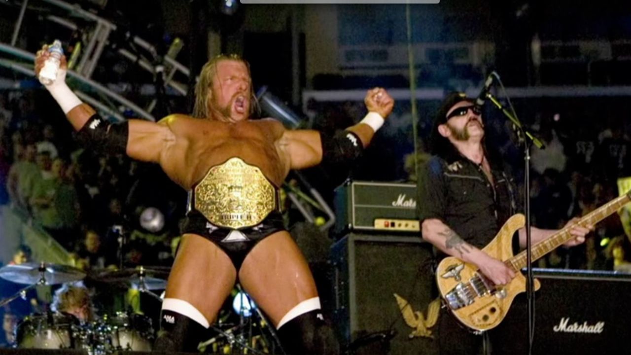 Triple H entering WWE's Wrestlemania 21 as Lemmy Kilmister performs "The Game" alongside Motörhead.